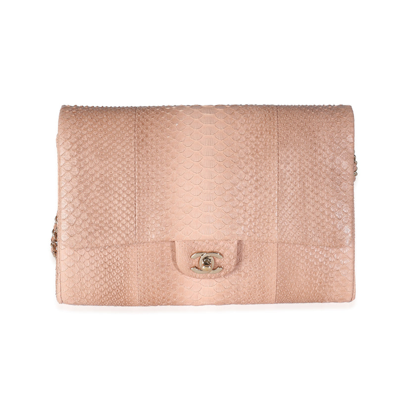 Pink Python Classic Flap Clutch With Chain