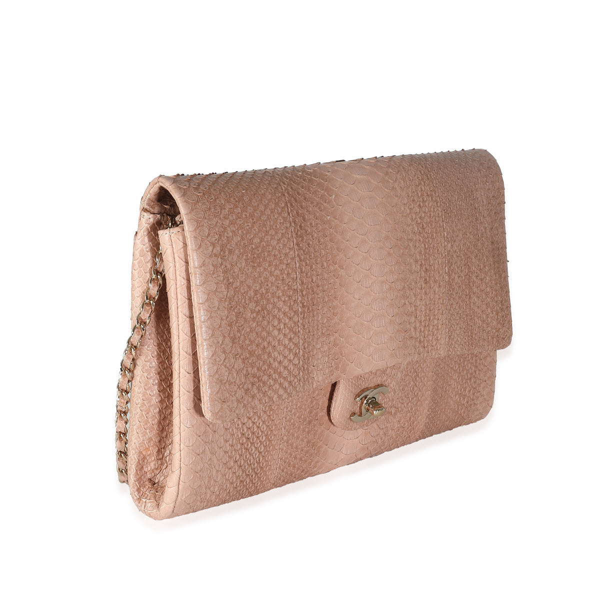 Pink Python Classic Flap Clutch With Chain