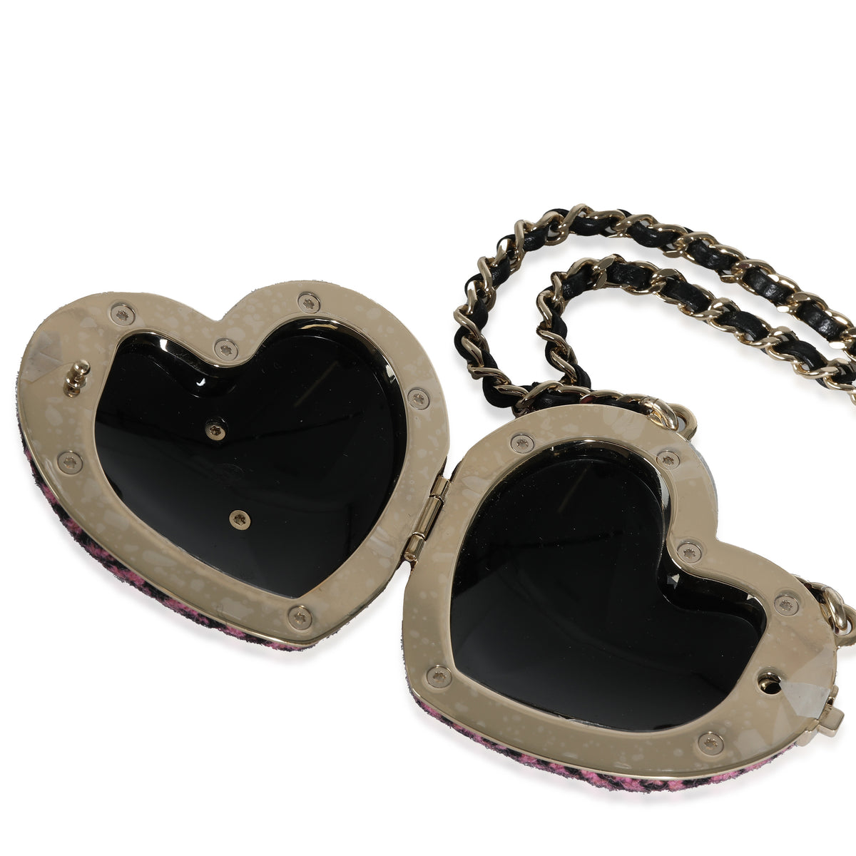 Gold Plated Chanel 2022 Tweed Heart Locket Necklace