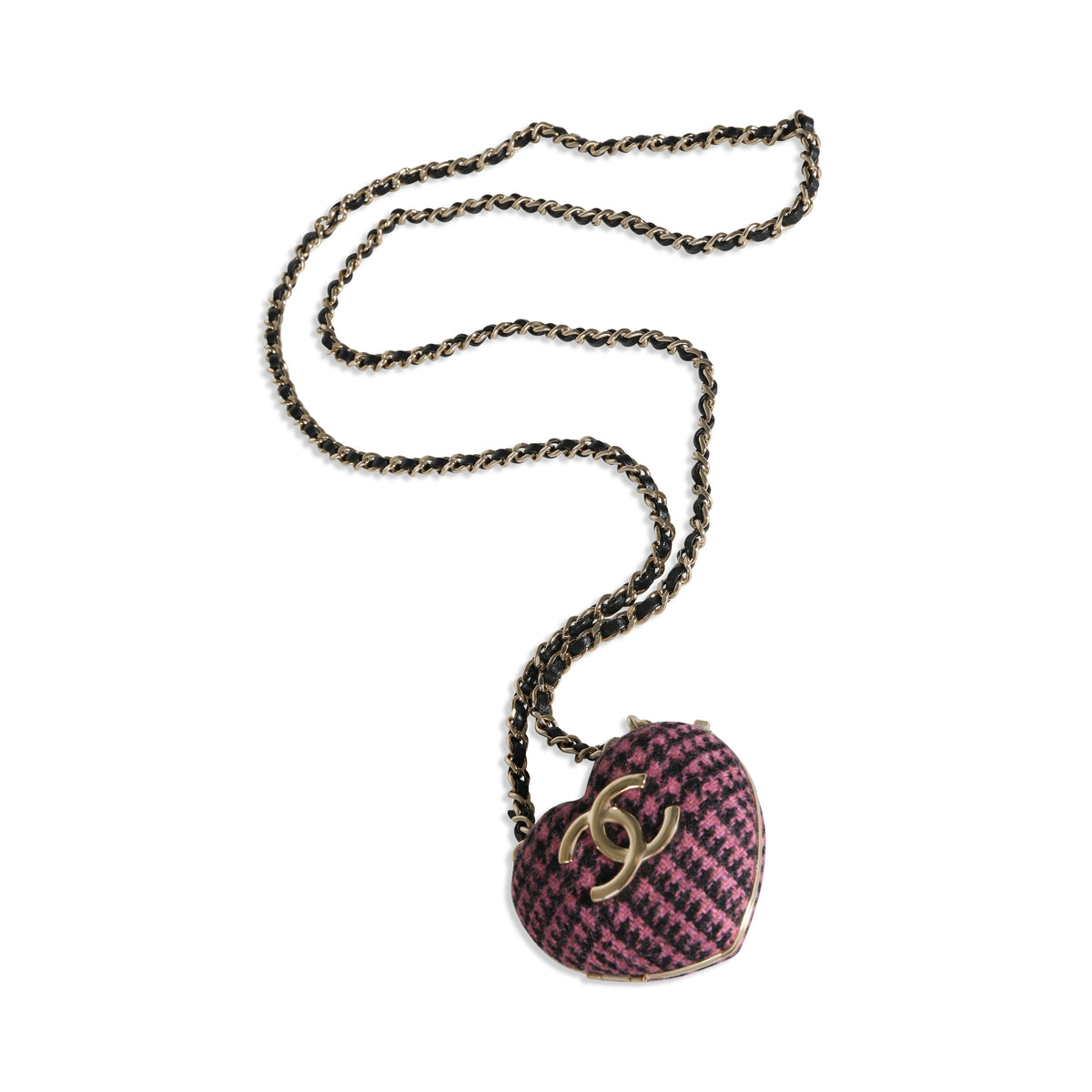 Gold Plated Chanel 2022 Tweed Heart Locket Necklace