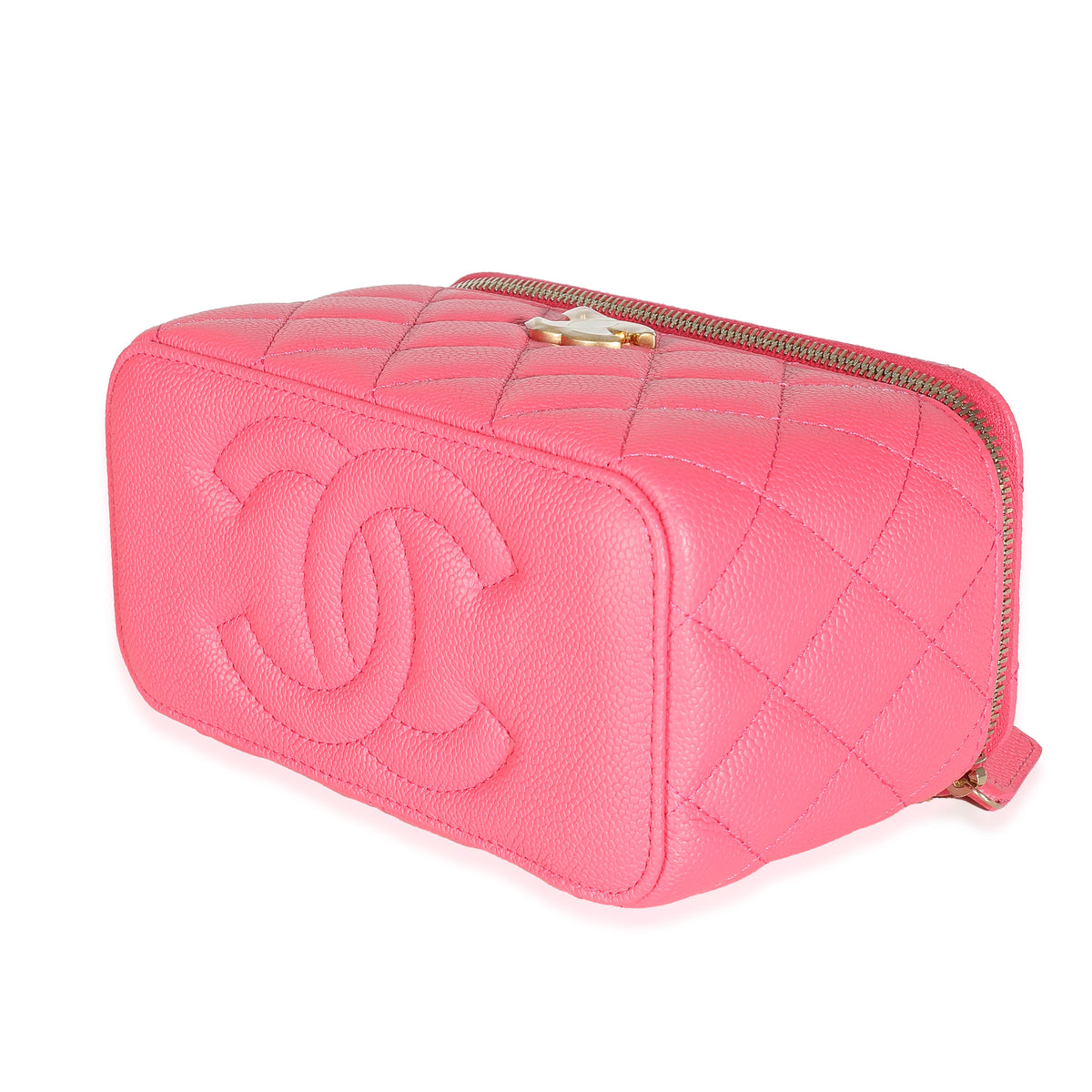 23P Pink Quilted Caviar Sweetheart Vanity Case With Chain