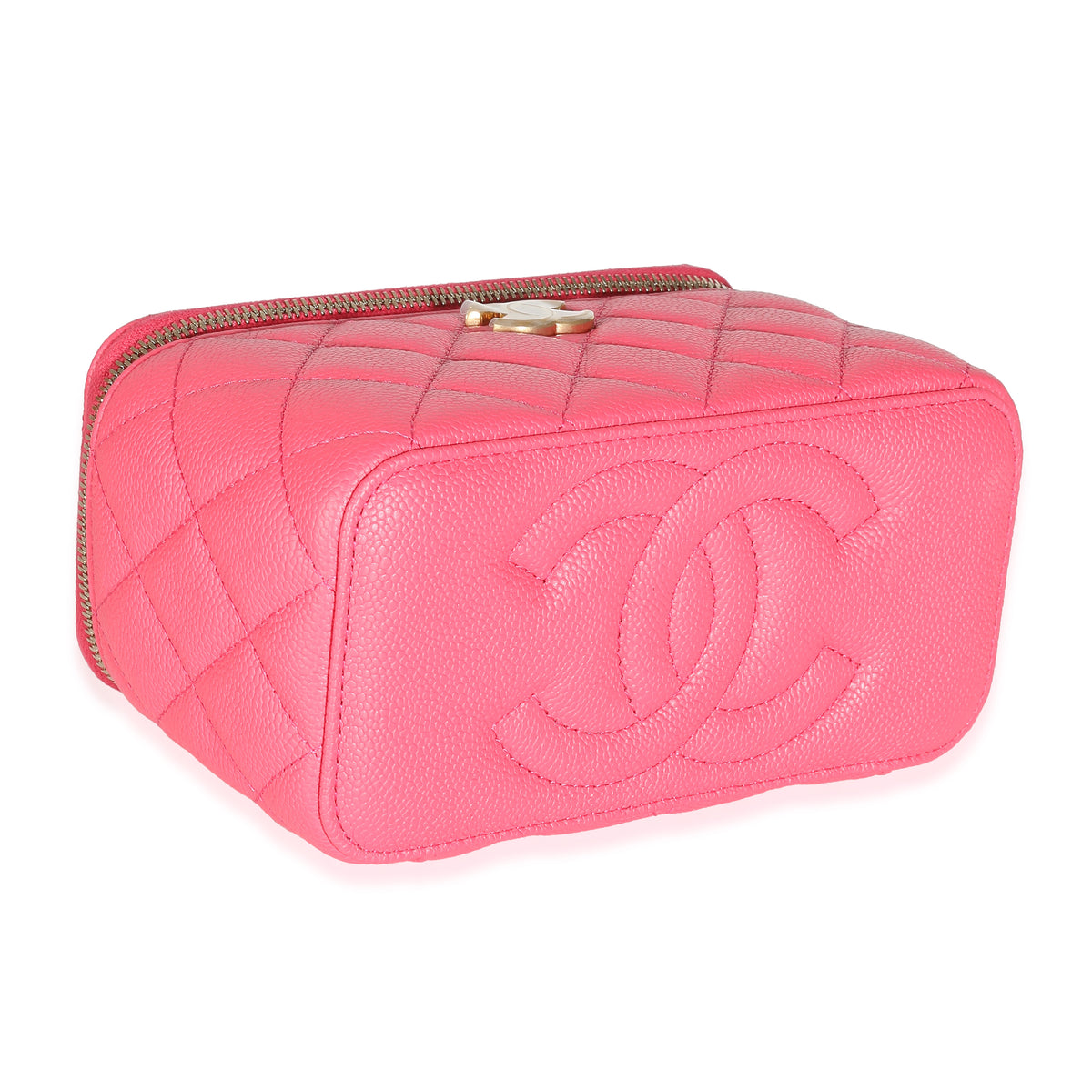 23P Pink Quilted Caviar Sweetheart Vanity Case With Chain