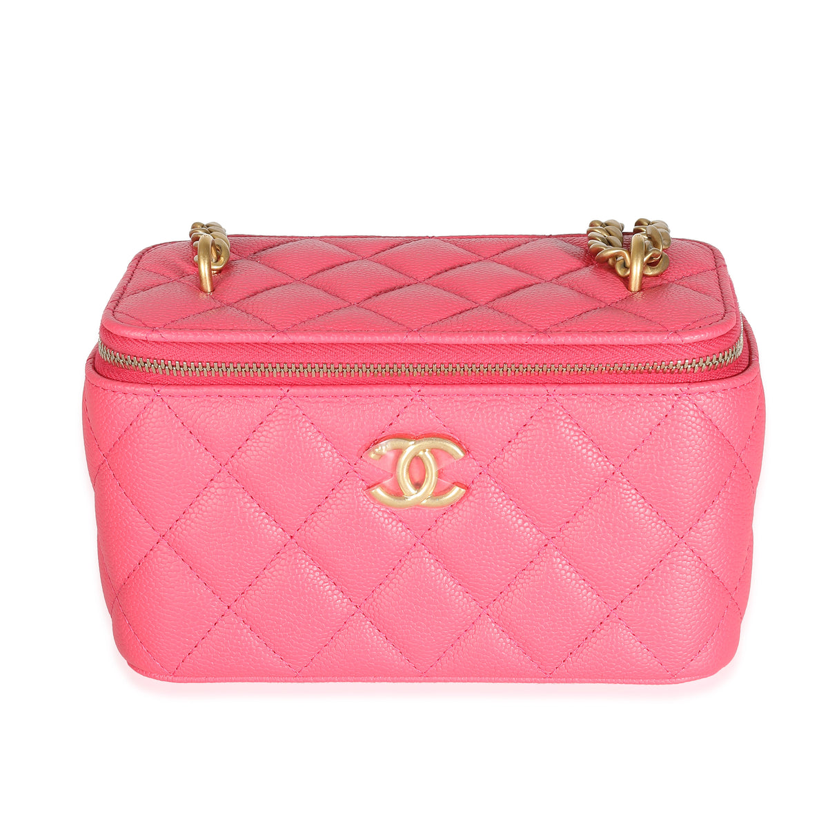 23P Pink Quilted Caviar Sweetheart Vanity Case With Chain