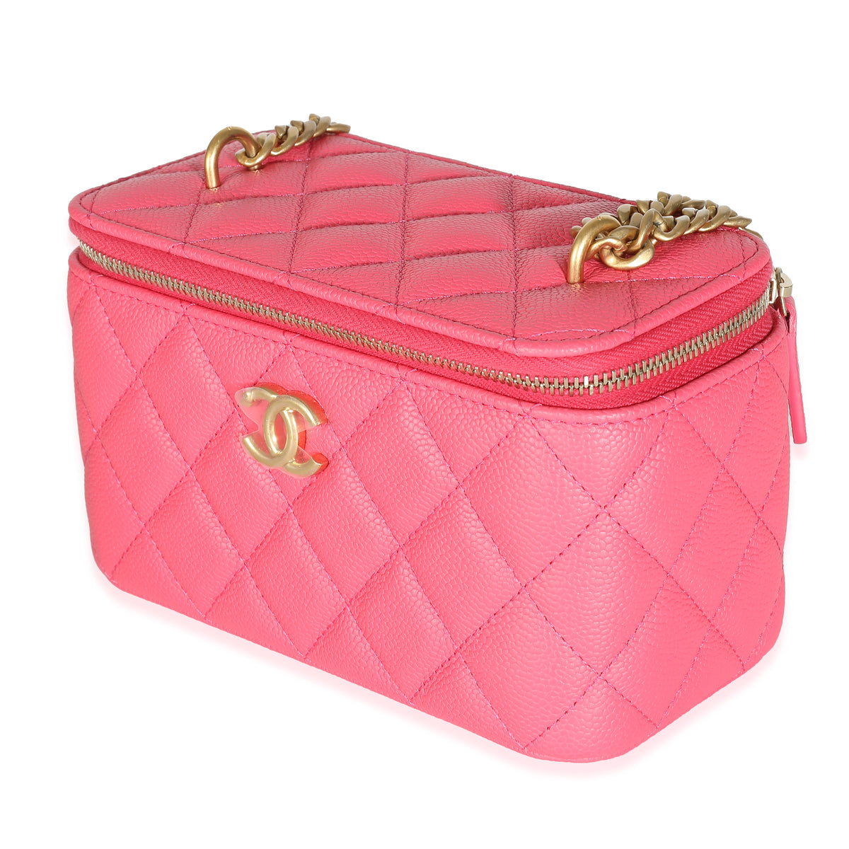 23P Pink Quilted Caviar Sweetheart Vanity Case With Chain