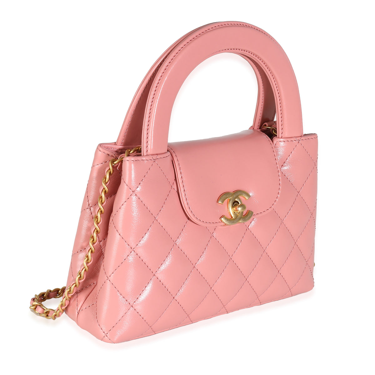 Pink Shiny Aged Calfskin Quilted Nano Kelly Shopper