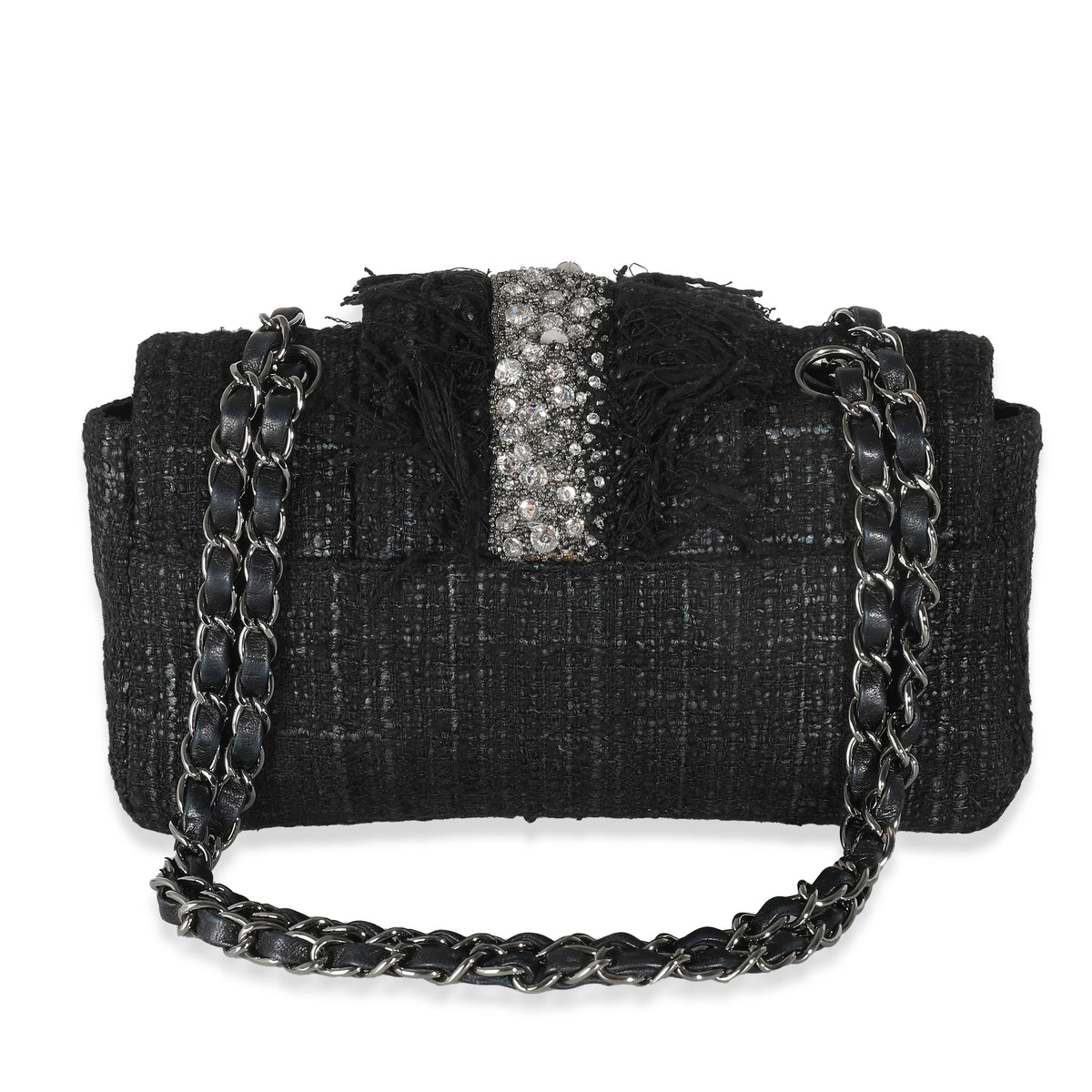 Black Tweed Swarovski Fringe Flap Bag