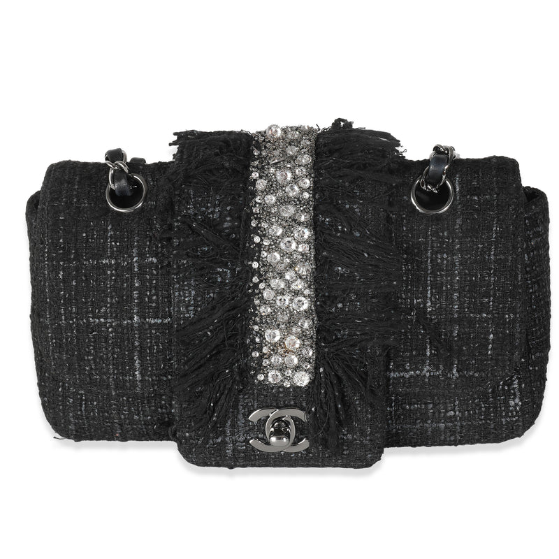 Black Tweed Swarovski Fringe Flap Bag