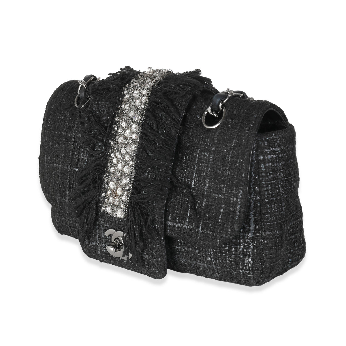 Black Tweed Swarovski Fringe Flap Bag