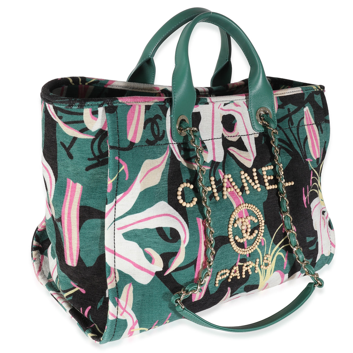 23A Green Pink Tropical Velvet Deauville Shopping Tote