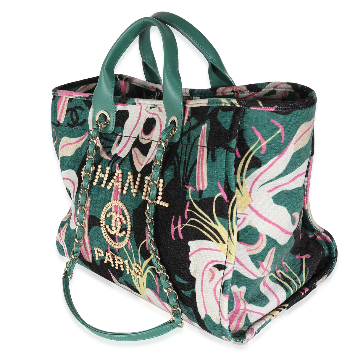 23A Green Pink Tropical Velvet Deauville Shopping Tote