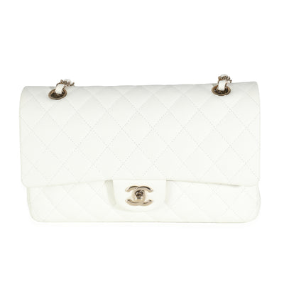 White Quilted Caviar Medium Classic Double Flap Bag