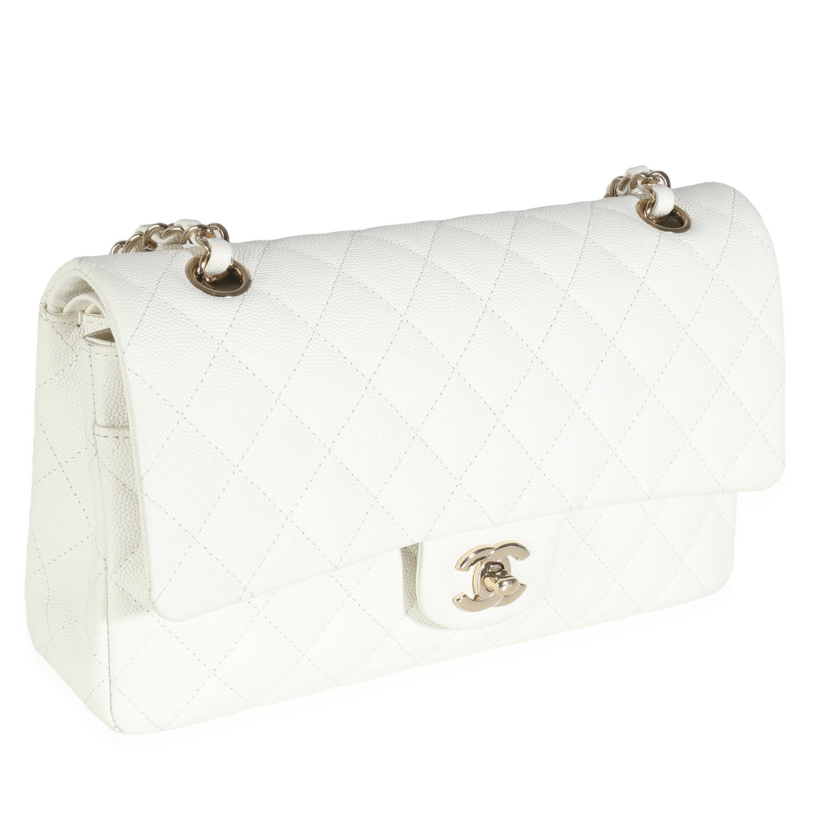 White Quilted Caviar Medium Classic Double Flap Bag