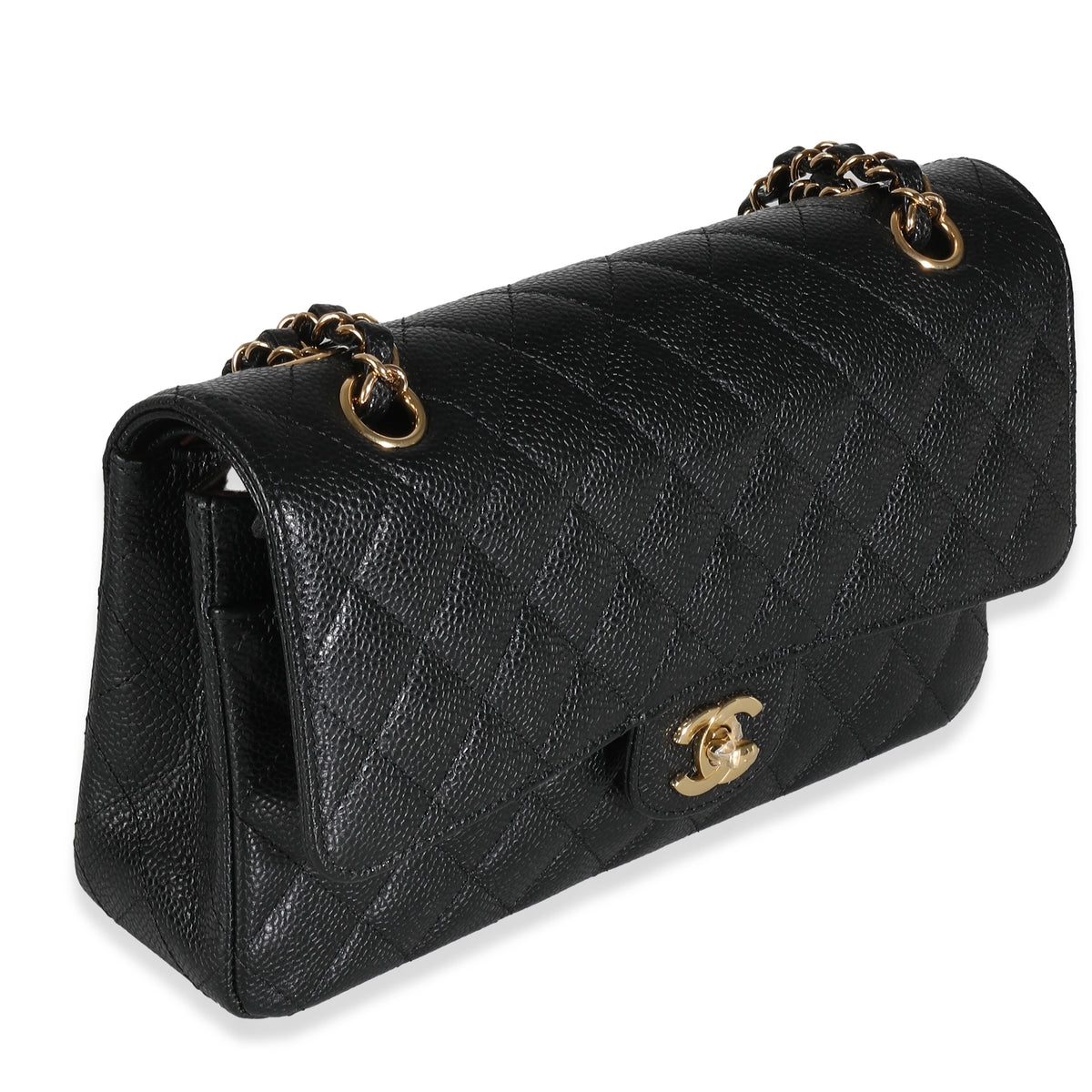 Black Quilted Caviar Medium Classic Double Flap Handbag