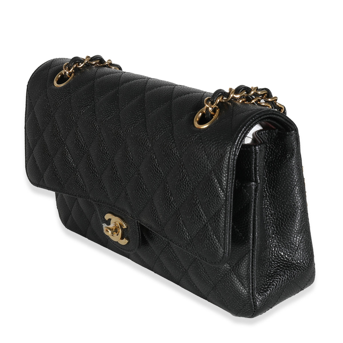 Black Quilted Caviar Medium Classic Double Flap Handbag