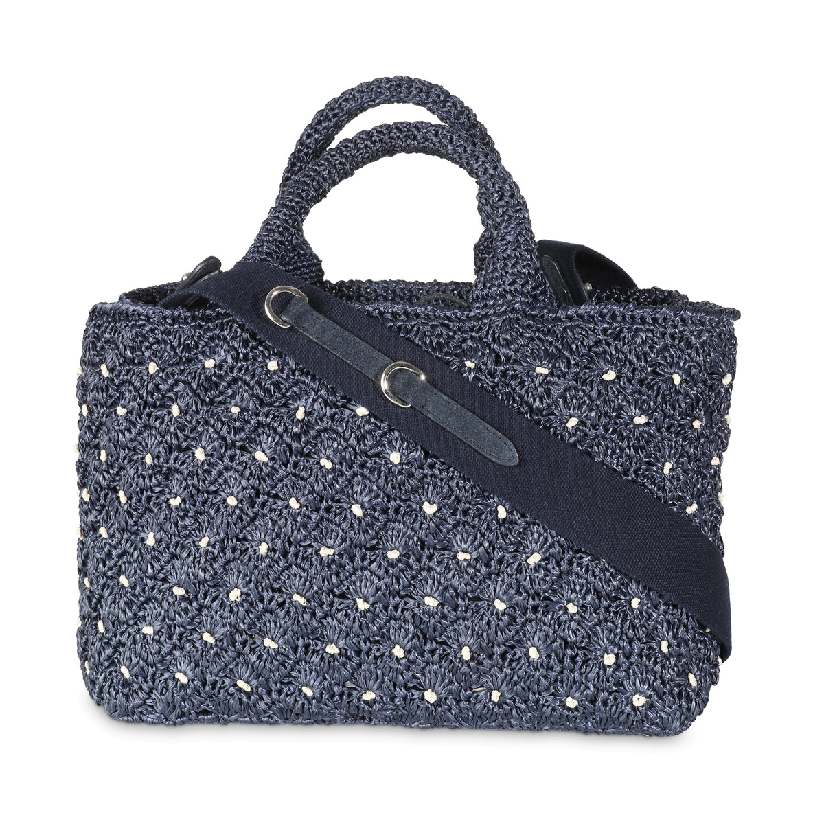 Navy Crochet Woven Raffia Small Canapa Tote