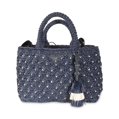 Navy Crochet Woven Raffia Small Canapa Tote