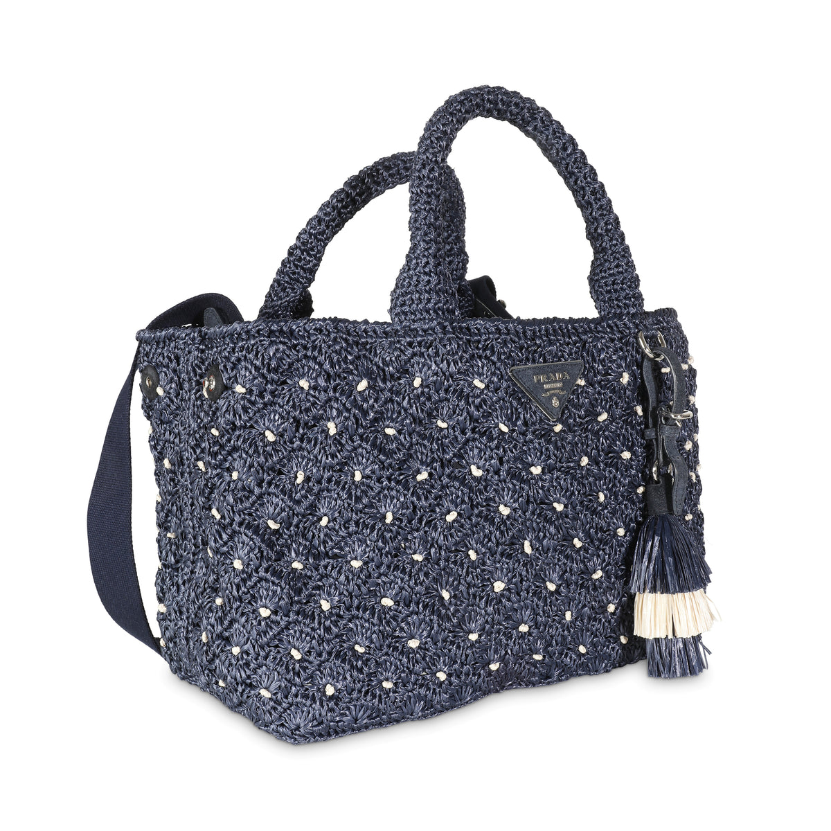 Navy Crochet Woven Raffia Small Canapa Tote