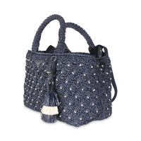 Navy Crochet Woven Raffia Small Canapa Tote