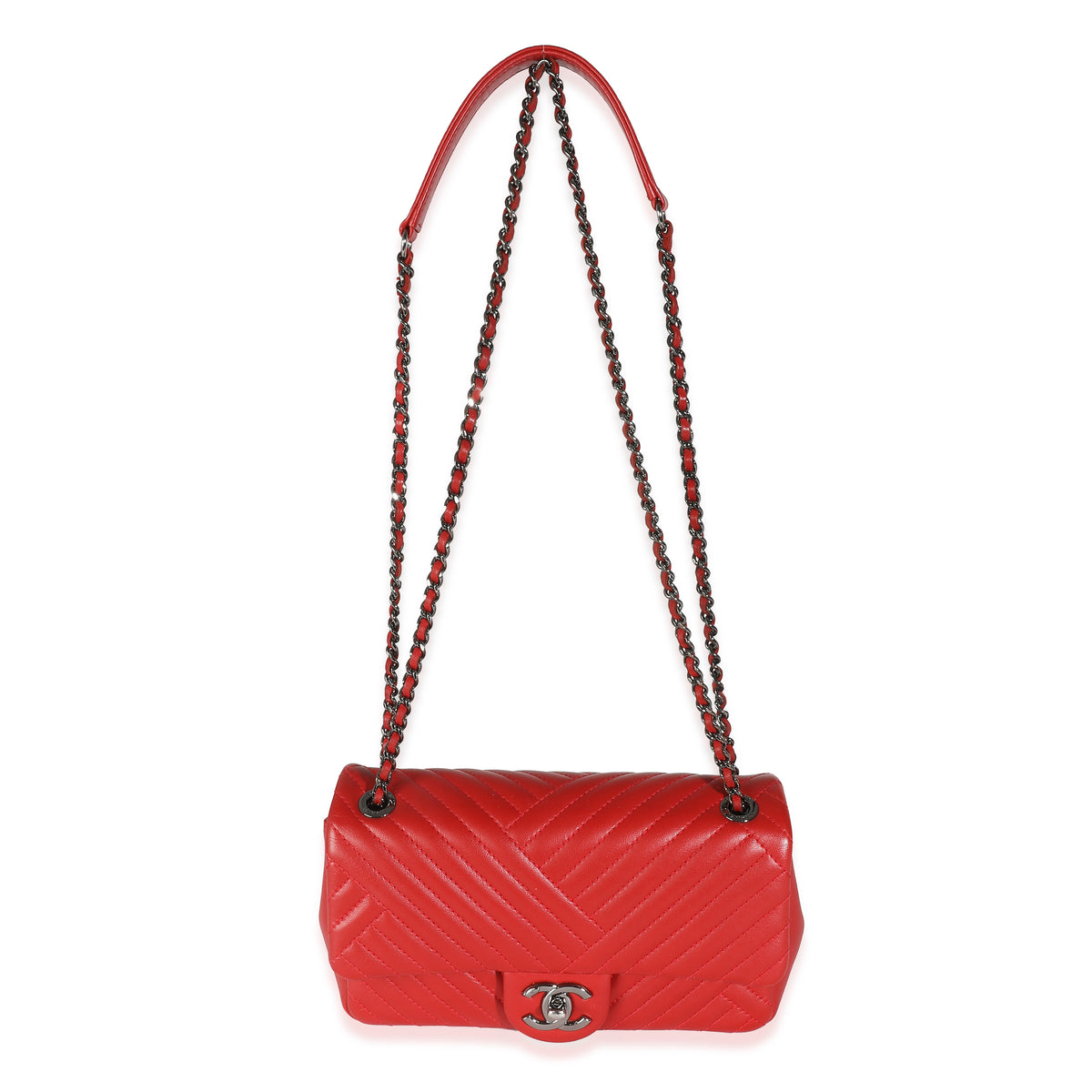 Chanel Red Chevron Lambskin Small CC Crossing Single Flap Bag Handbag av