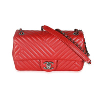 Chanel Red Chevron Lambskin Small CC Crossing Single Flap Bag Handbag fv