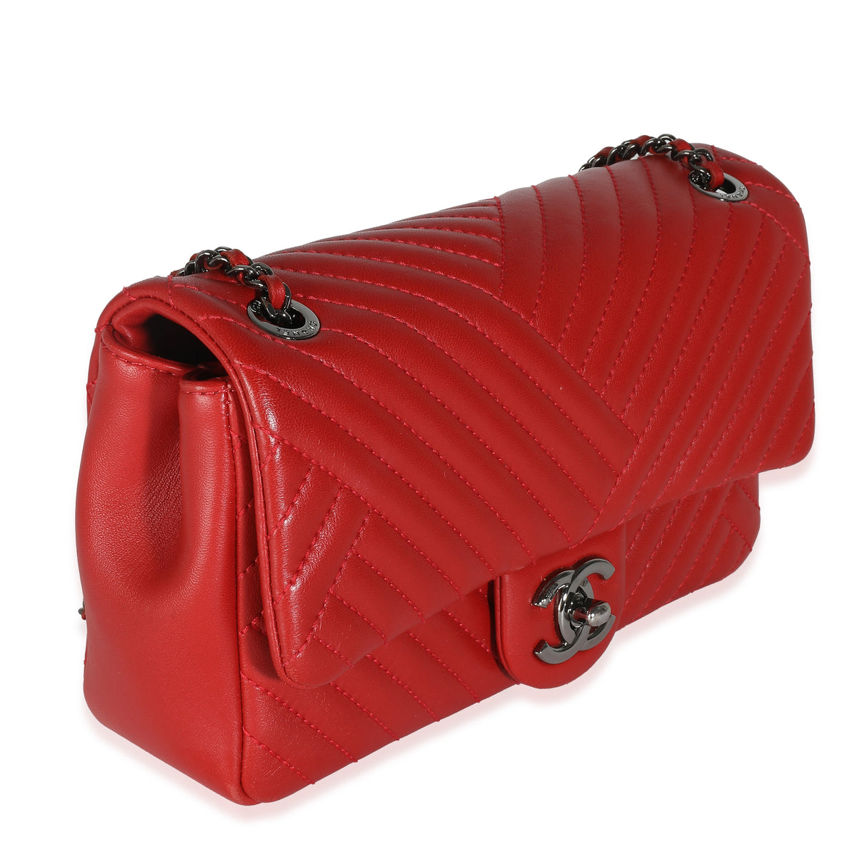 Chanel Red Chevron Lambskin Small CC Crossing Single Flap Bag Handbag pv