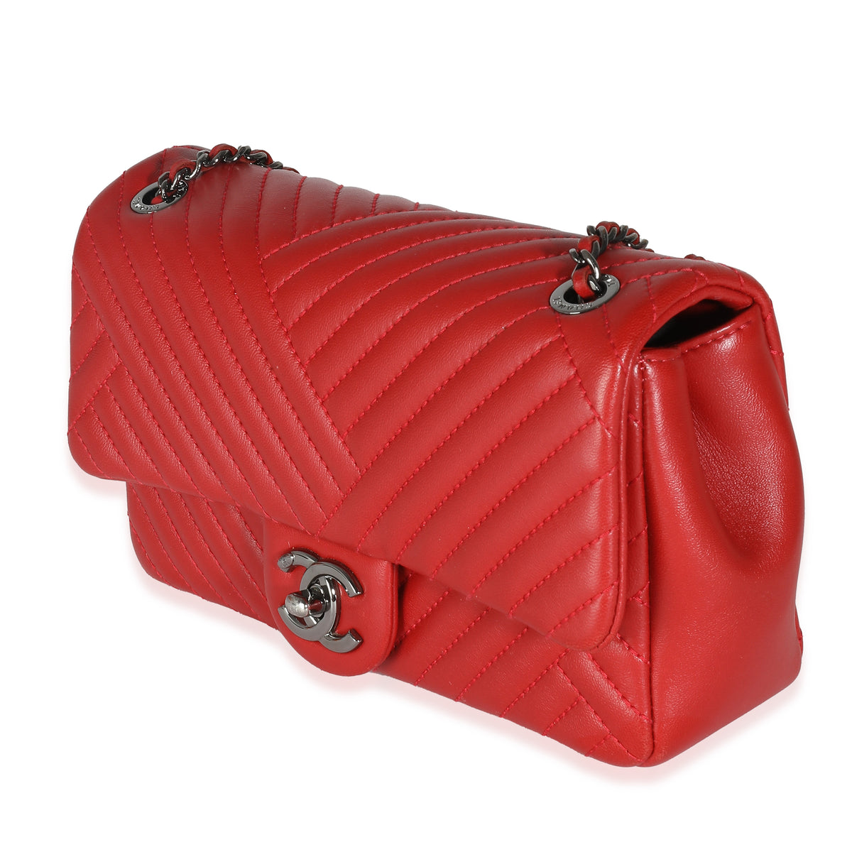 Chanel Red Chevron Lambskin Small CC Crossing Single Flap Bag Handbag sv