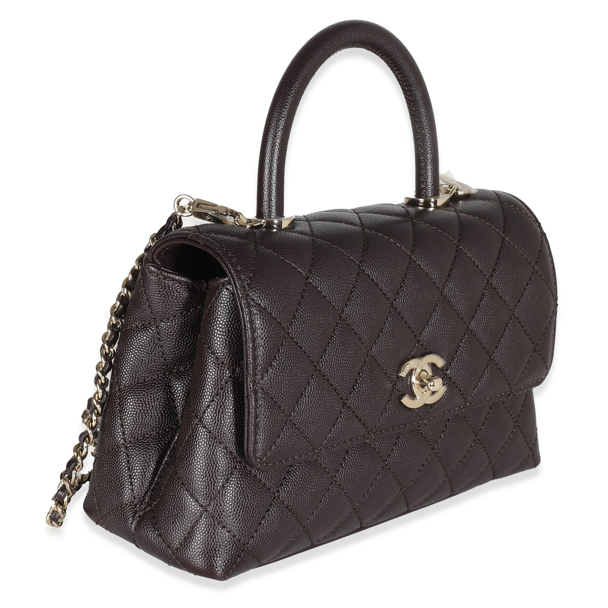 Dark Brown Quilted Caviar Small Coco Top Handle Bag