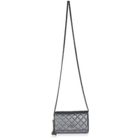 Dark Silver Iridescent Aged Quilted Calfskin Tassel Wallet On Chain