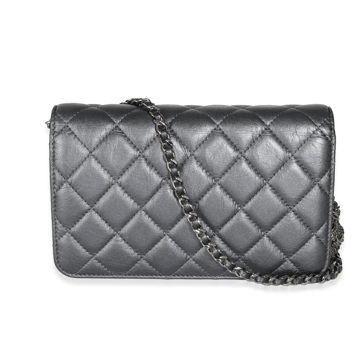 Dark Silver Iridescent Aged Quilted Calfskin Tassel Wallet On Chain