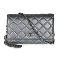 Dark Silver Iridescent Aged Quilted Calfskin Tassel Wallet On Chain