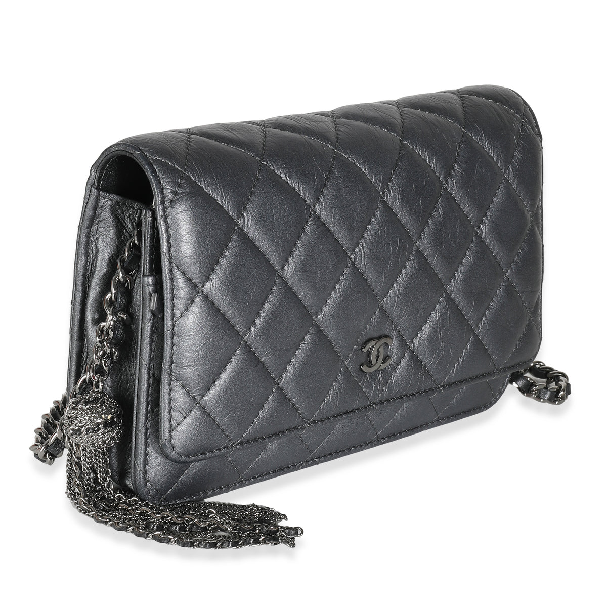 Dark Silver Iridescent Aged Quilted Calfskin Tassel Wallet On Chain