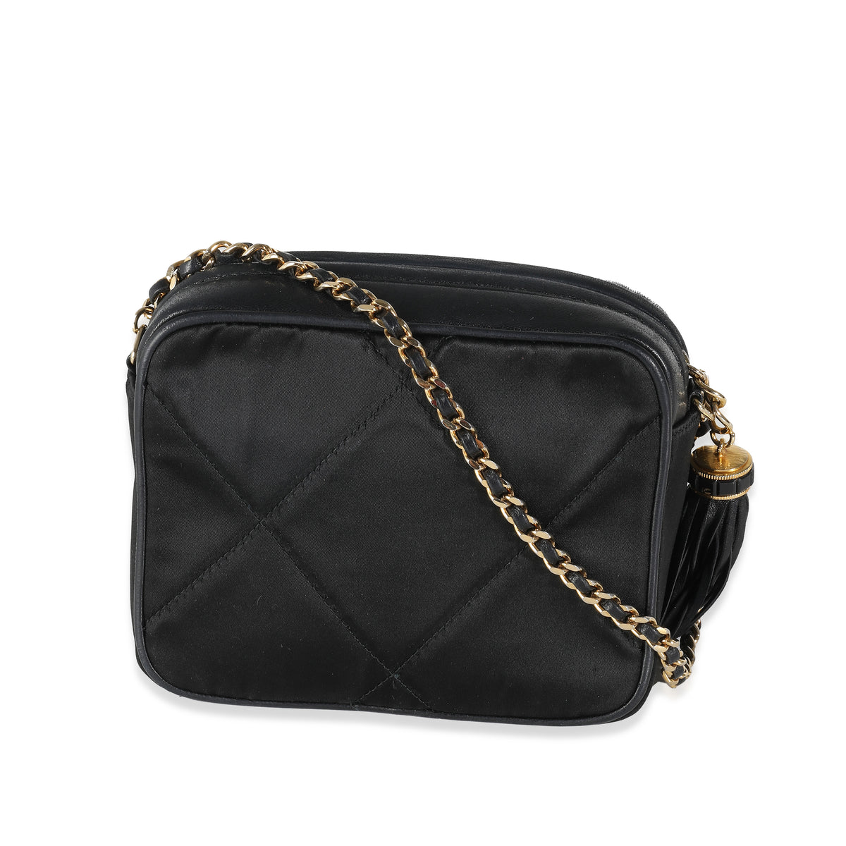 Black Quilted Satin Mini Tassel Camera Bag