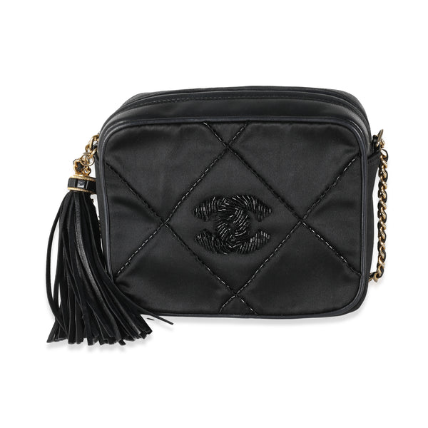 Black Quilted Satin Mini Tassel Camera Bag