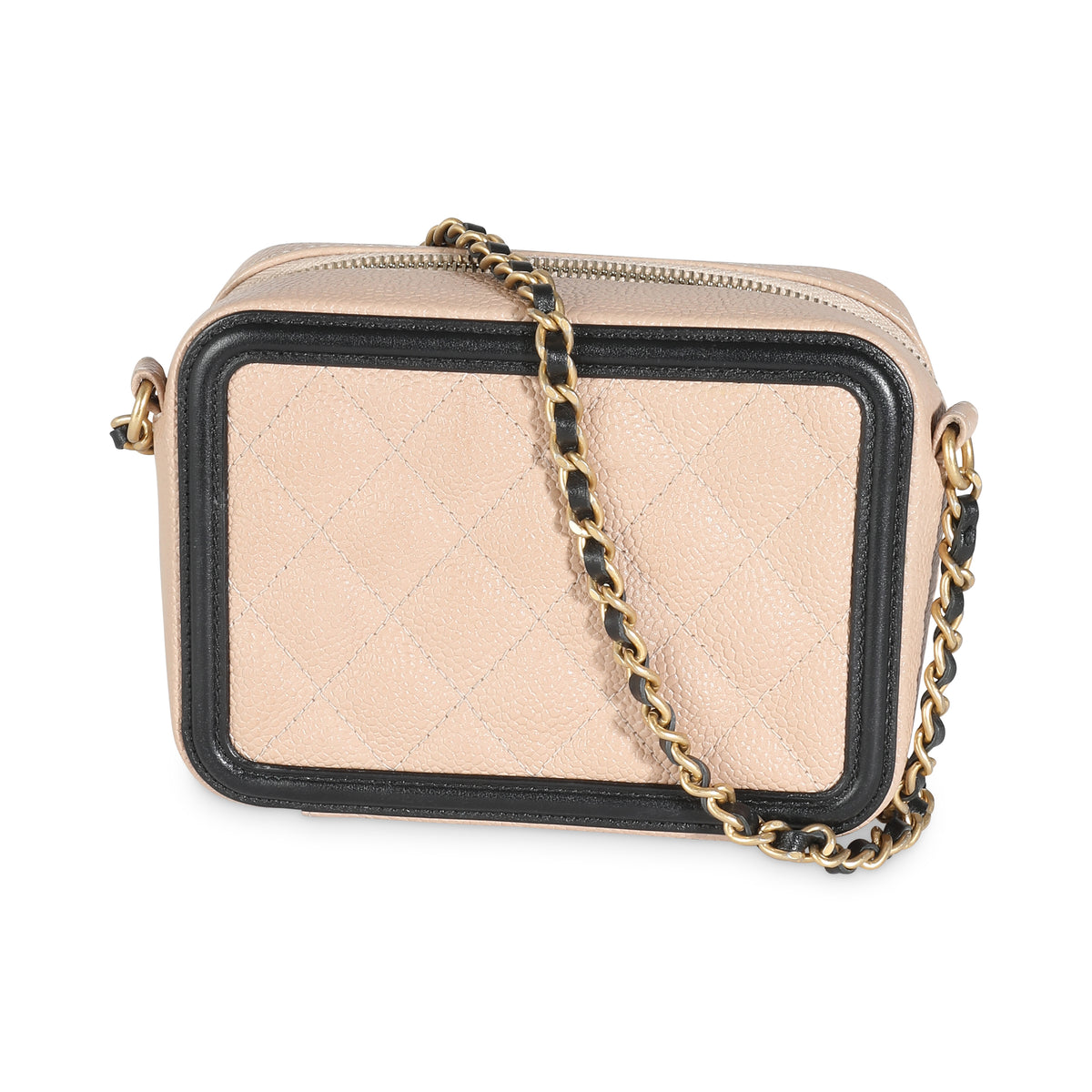 Beige Black Quilted Caviar Mini Filigree Vanity Clutch With Chain