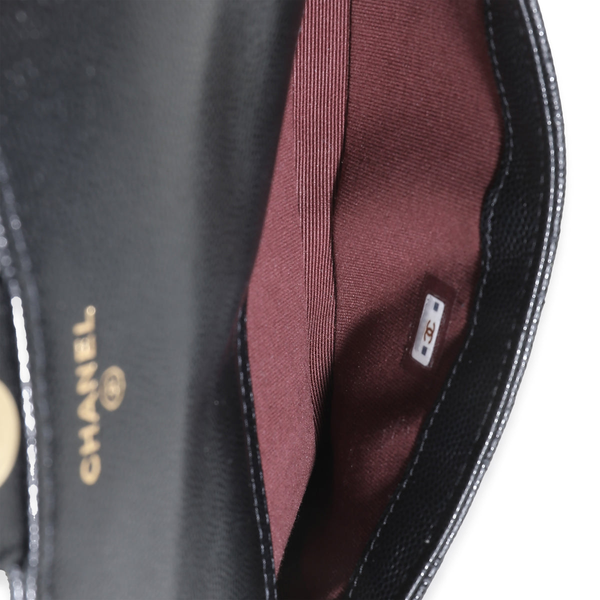 Black Quilted Caviar Flap Phone Handbag With Chain