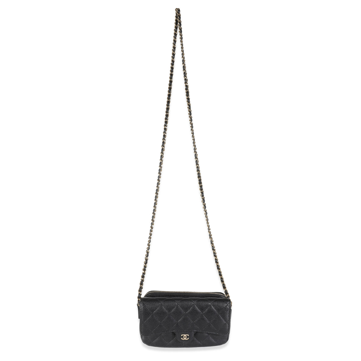 Black Quilted Caviar Flap Phone Handbag With Chain