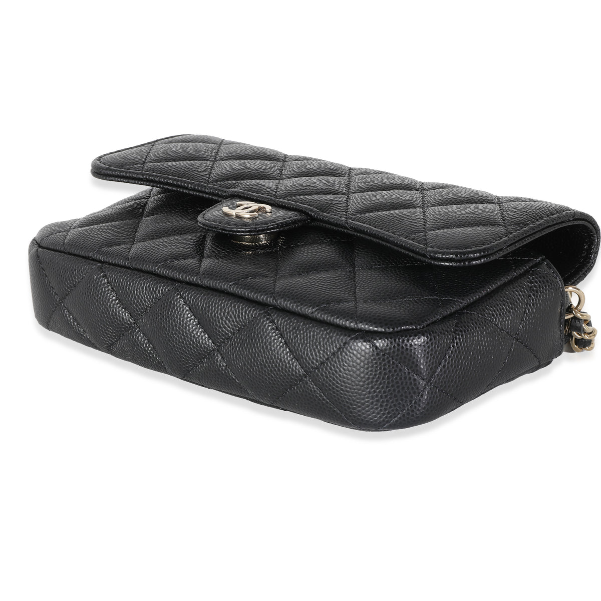 Black Quilted Caviar Flap Phone Handbag With Chain