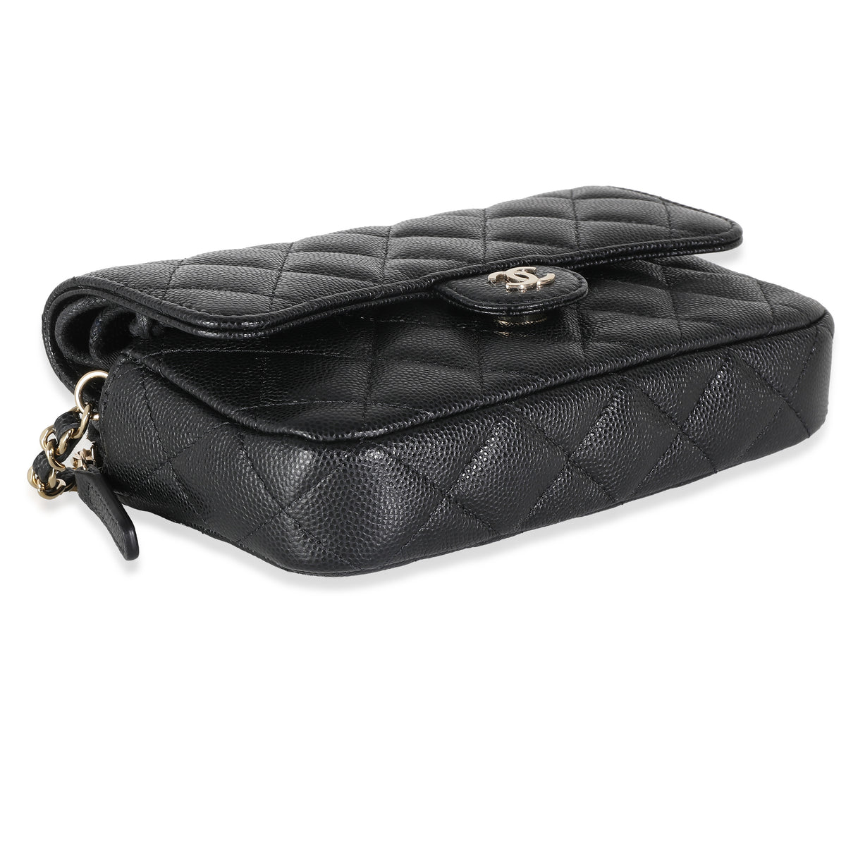 Black Quilted Caviar Flap Phone Handbag With Chain