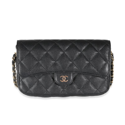 Black Quilted Caviar Flap Phone Handbag With Chain