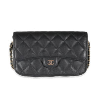 Black Quilted Caviar Flap Phone Handbag With Chain