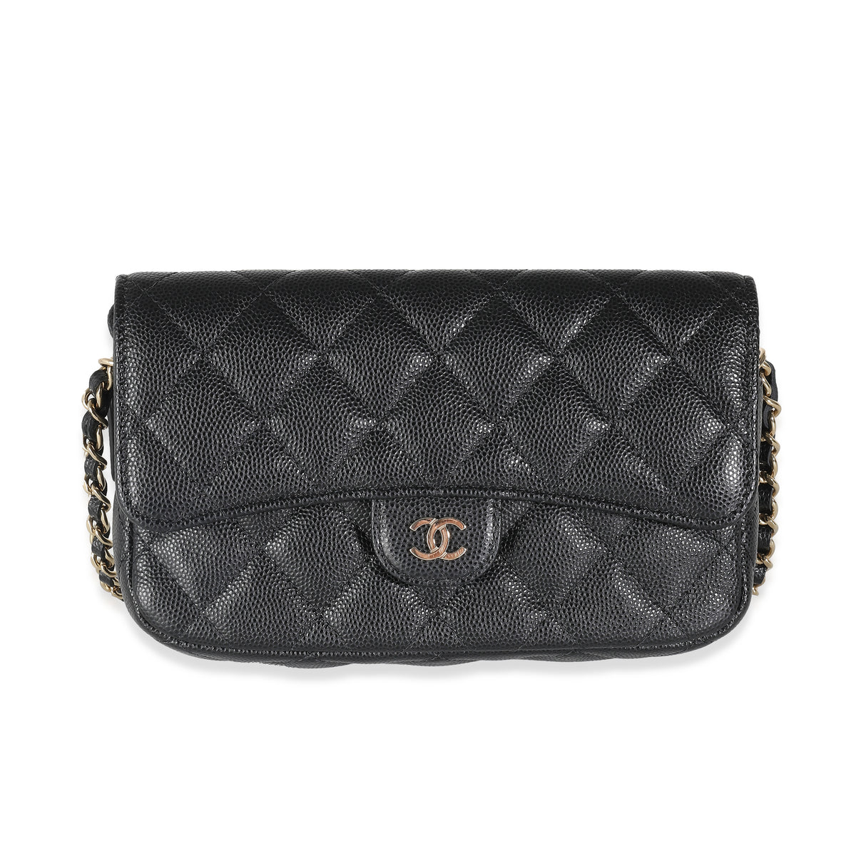 Black Quilted Caviar Flap Phone Handbag With Chain