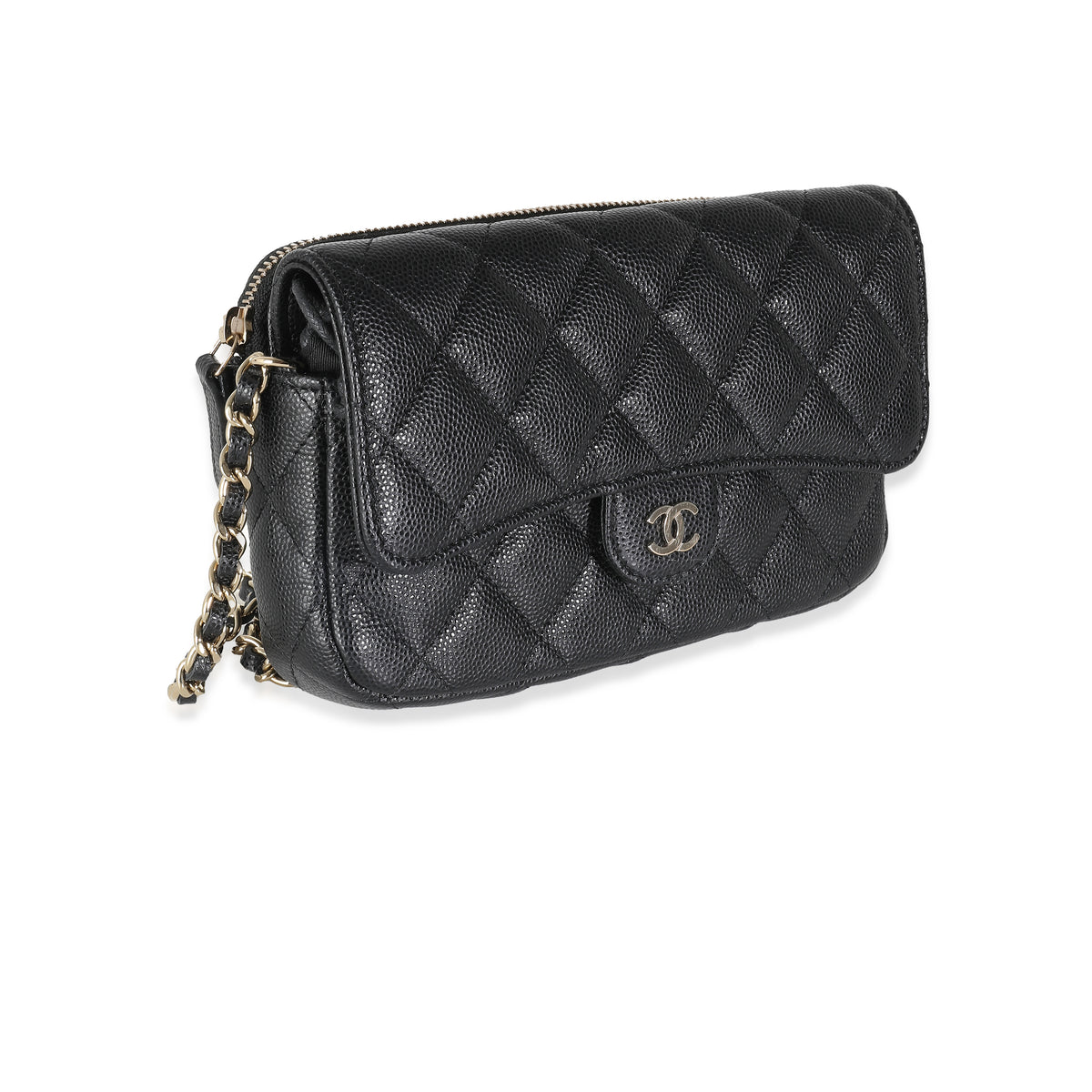 Black Quilted Caviar Flap Phone Handbag With Chain