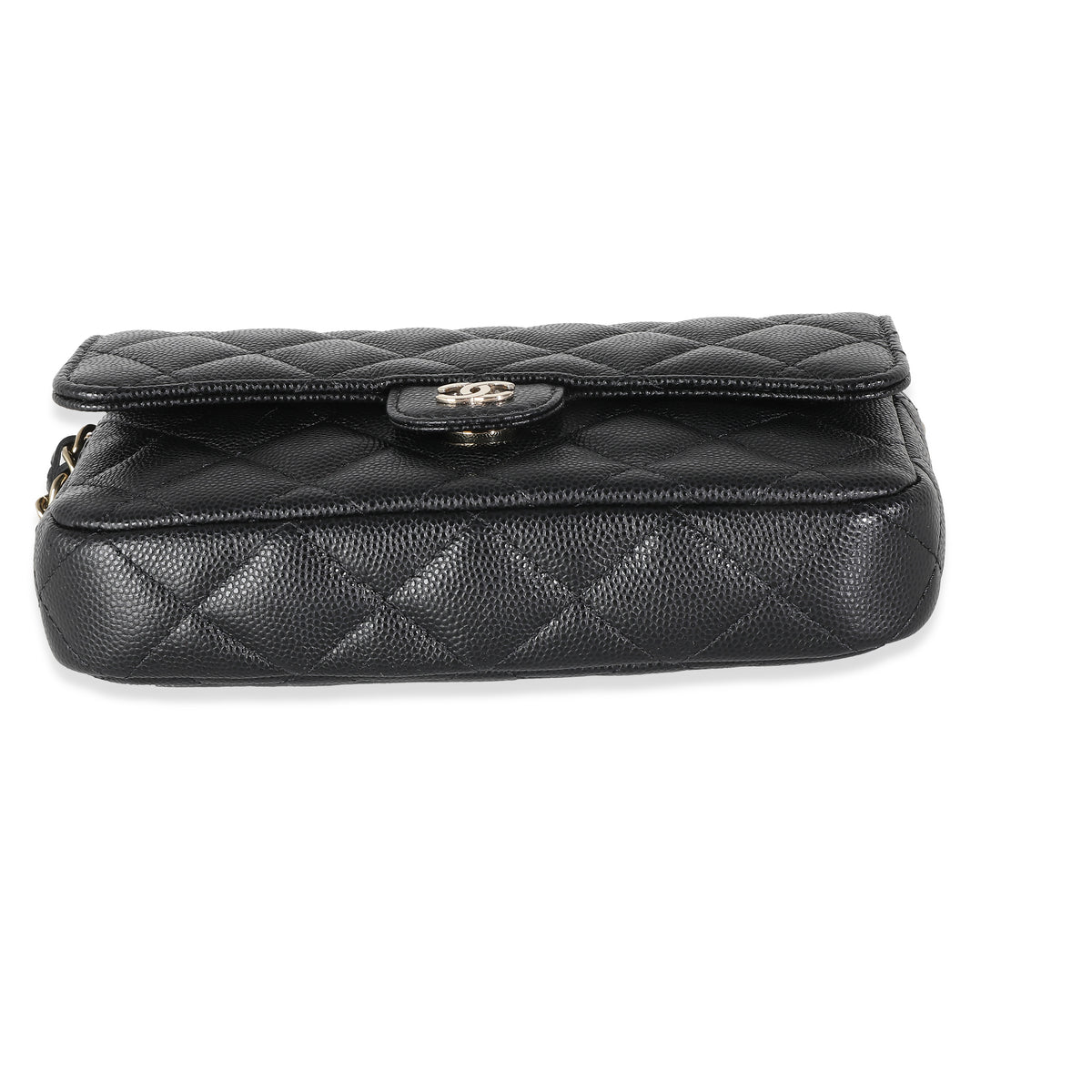 Black Quilted Caviar Flap Phone Handbag With Chain