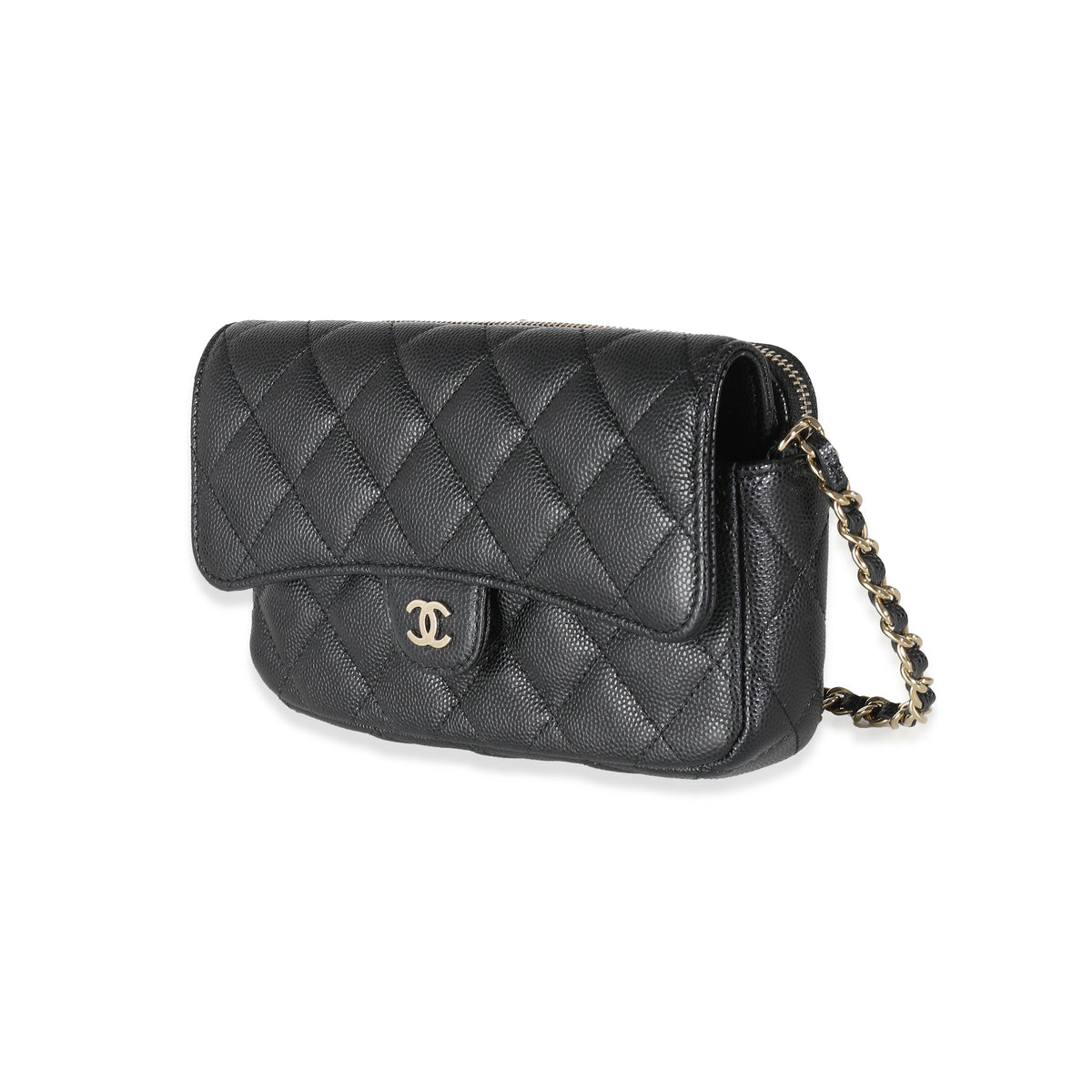 Black Quilted Caviar Flap Phone Handbag With Chain