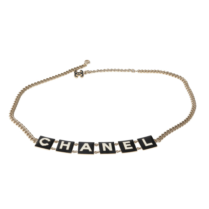 Chanel 2022 Black & White Enamel Gold Plated Logo Belt fv