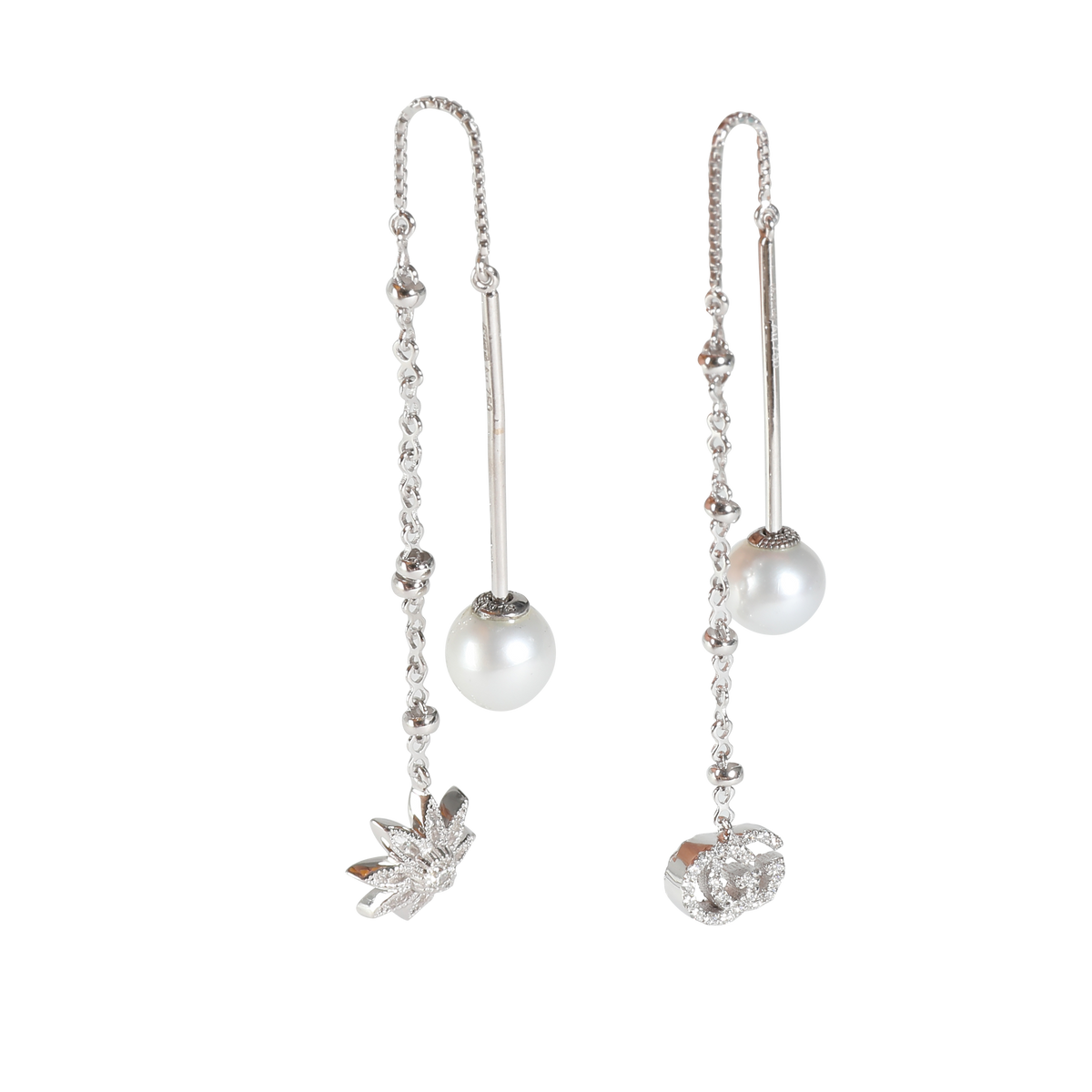 Flora Diamond & Pearl Threader Earrings in 18k White Gold 0.24 CTW