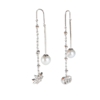 Flora Diamond & Pearl Threader Earrings in 18k White Gold 0.24 CTW