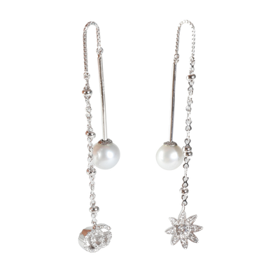 Flora Diamond & Pearl Threader Earrings in 18k White Gold 0.24 CTW