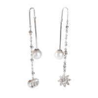 Flora Diamond & Pearl Threader Earrings in 18k White Gold 0.24 CTW