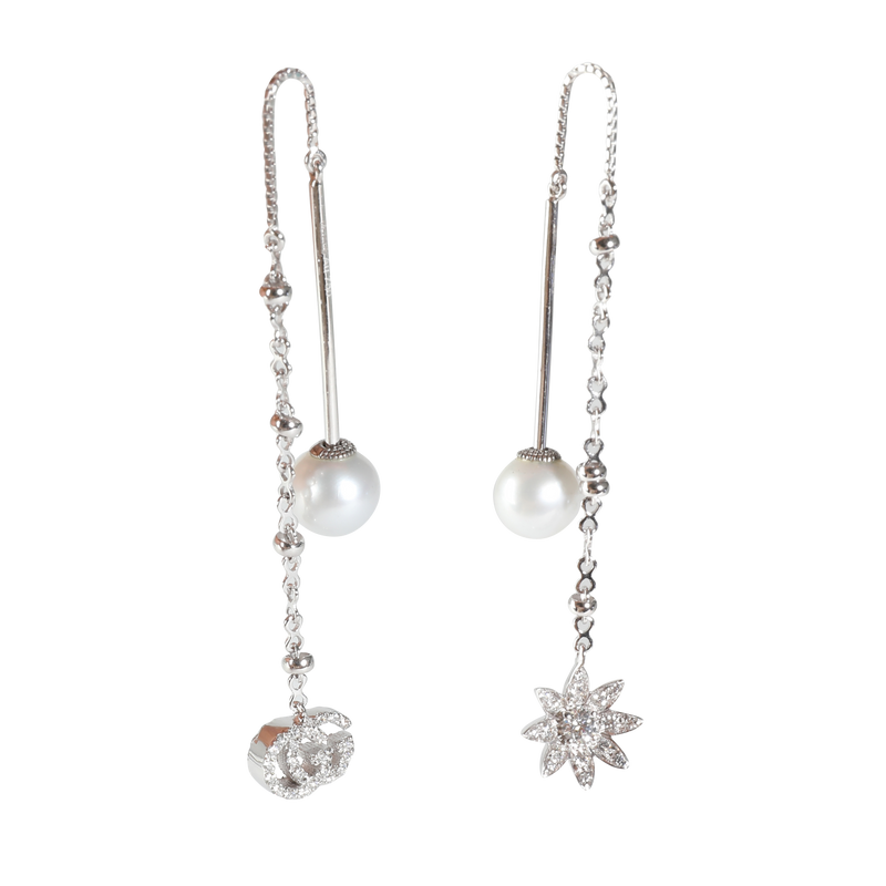 Flora Diamond & Pearl Threader Earrings in 18k White Gold 0.24 CTW